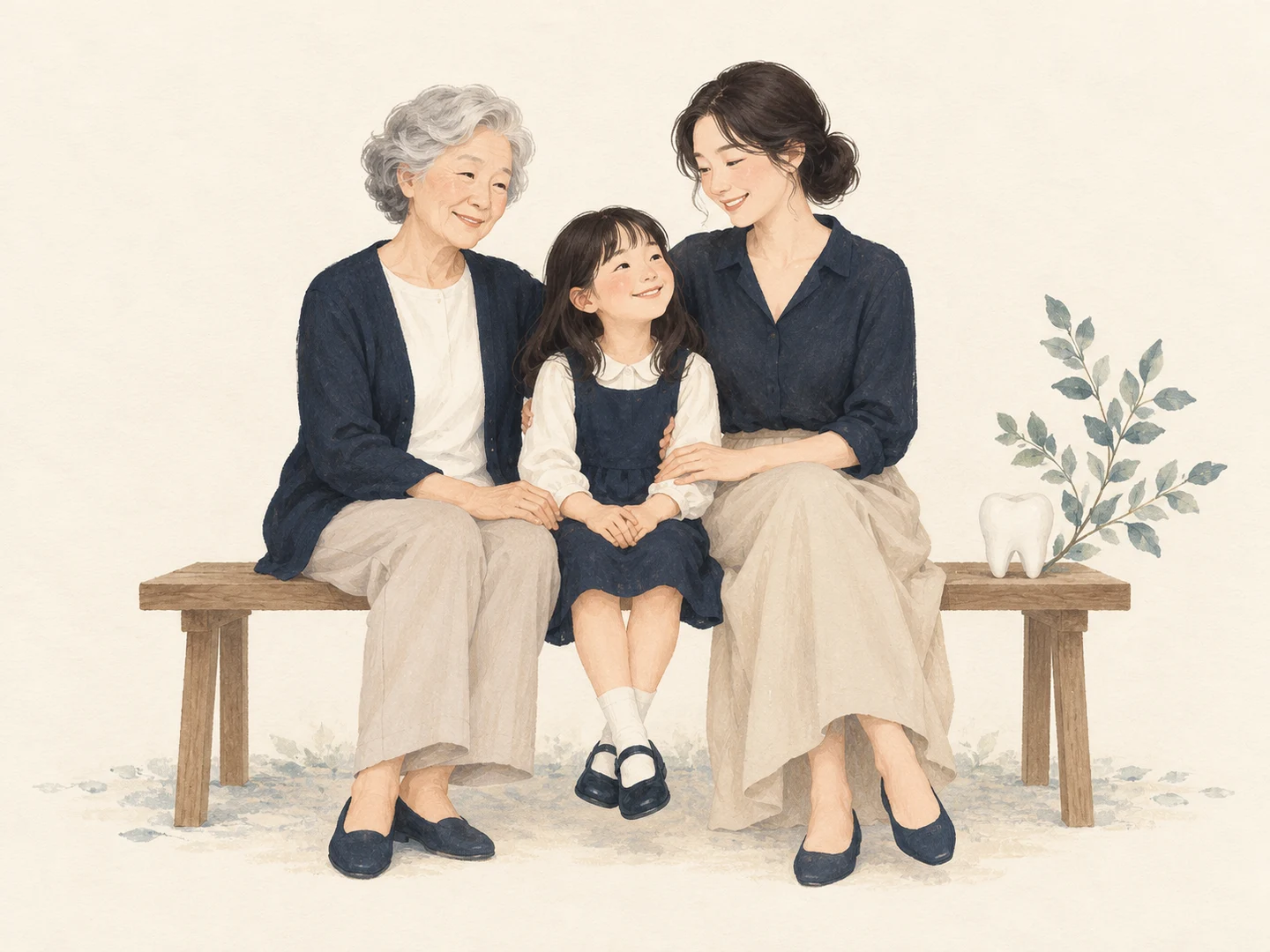 할머니, 엄마, 아이가 함께 웃는 가족 일러스트